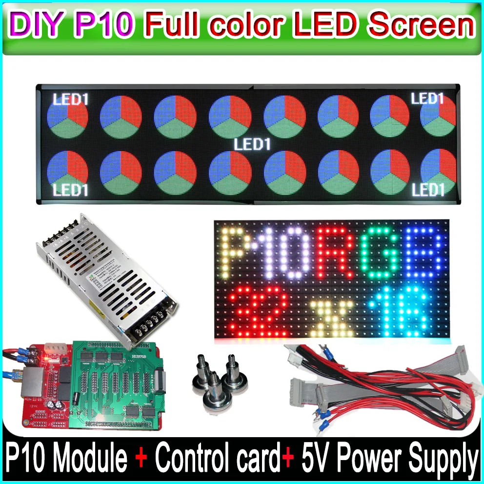 

DIY P10 LED Display screen,Indoor RGB Full color P10 LED Module 25Pcs+Colorlight Control Card+5v power supply+power cable