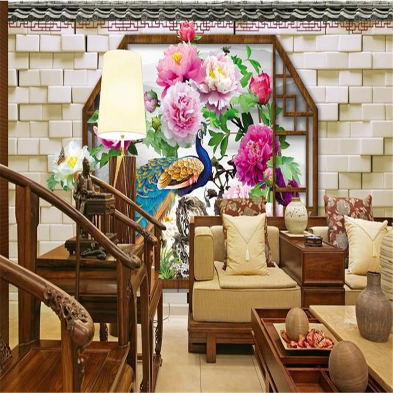 

beibehang 3d stereoscopic Peacock murals Chinese TV backdrop brick wallpaper living room bedroom murals papel de parede adesivo