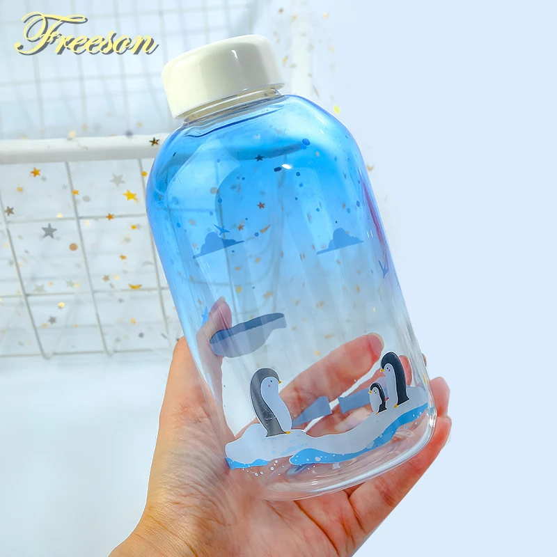 

Gradient Color Glass Water Bottle with Sleeve 600ml Kawaii Cup Cute Elk Bear Bottles Penguin Sport Camping Bottle Tour Drinkware