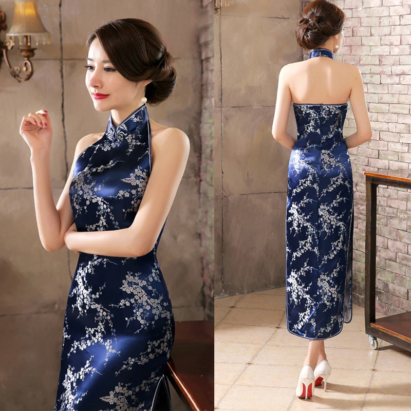 Sexy New Navyblue Women's Evening Party Dress Brand Chinese Backless Cheong-sam Long Cheongsam Qipao S M L XL XXL XXXL 0115051