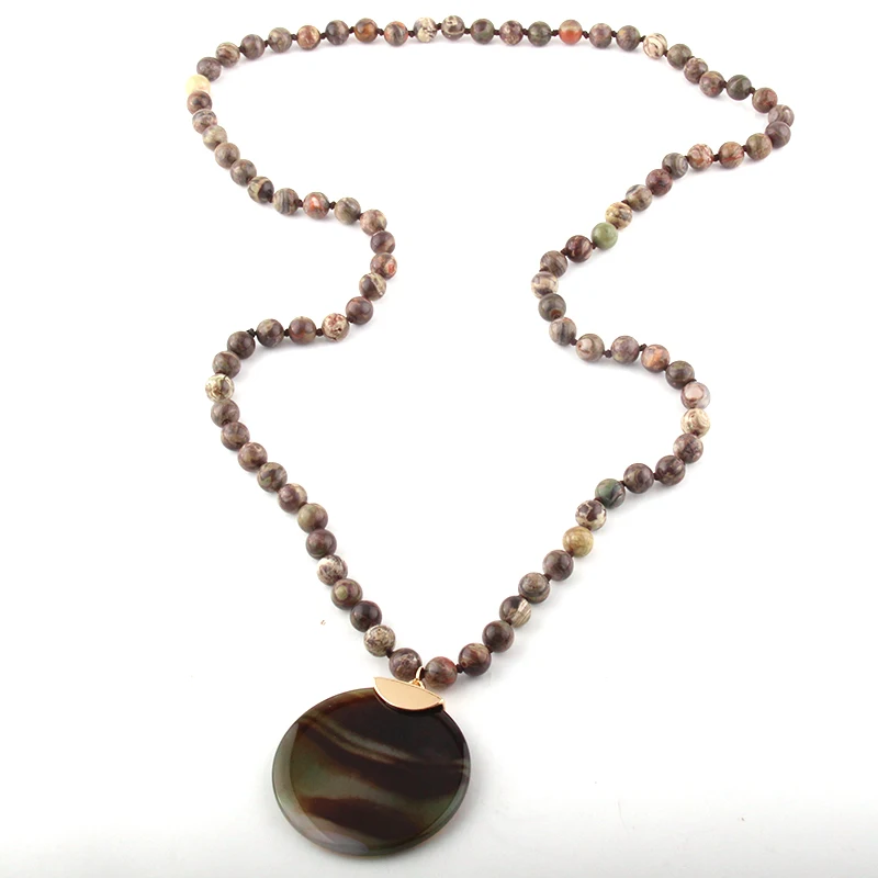 Fashion Bohemian Jewelry Natural Agat Stones Knotted Round Stone Pendant Necklaces For Ethnic Necklace