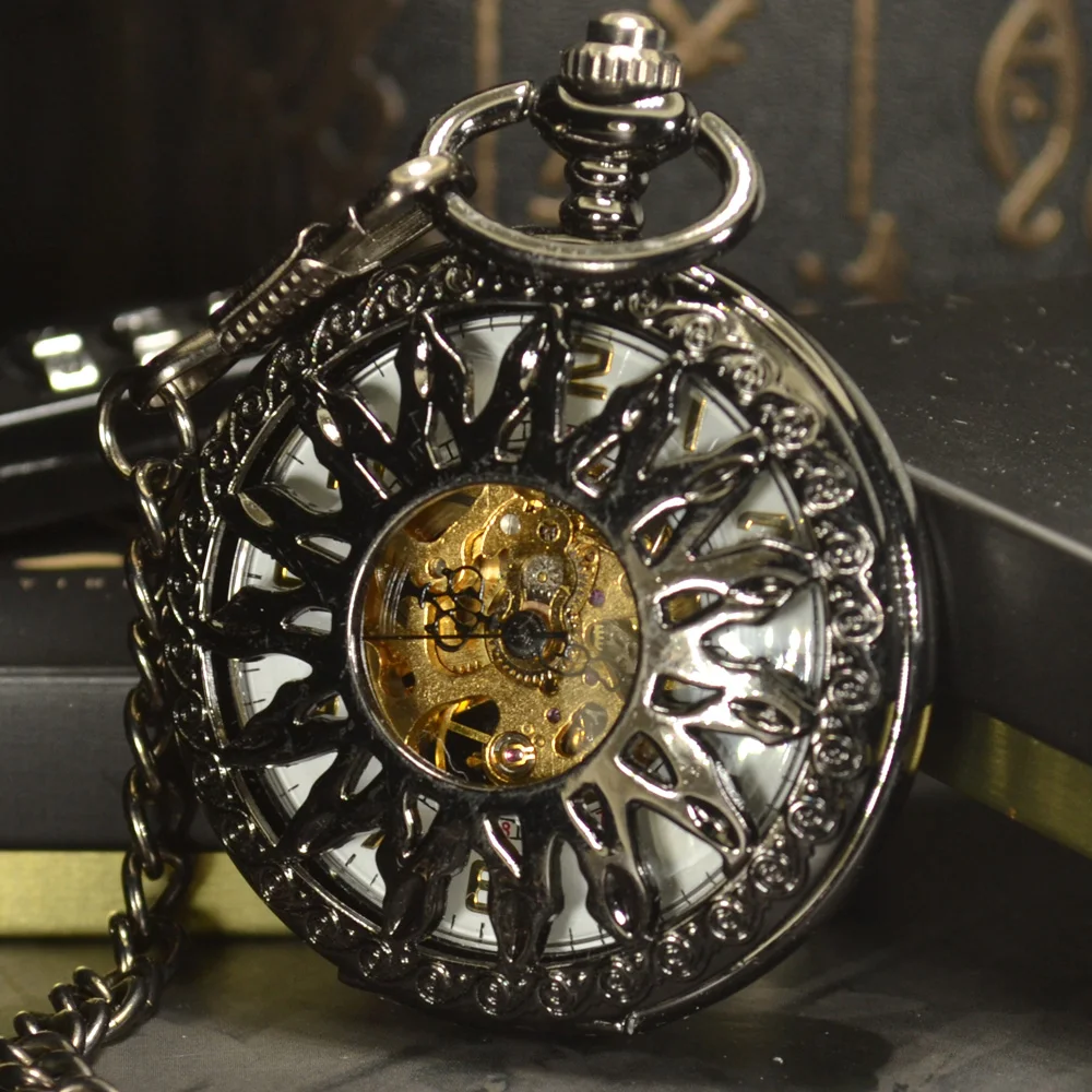 Luxury Skeleton Black Retro Antique Skeleton Mechanical Pocket Watch Men Chain Necklace Business Pocket & Fob Watches