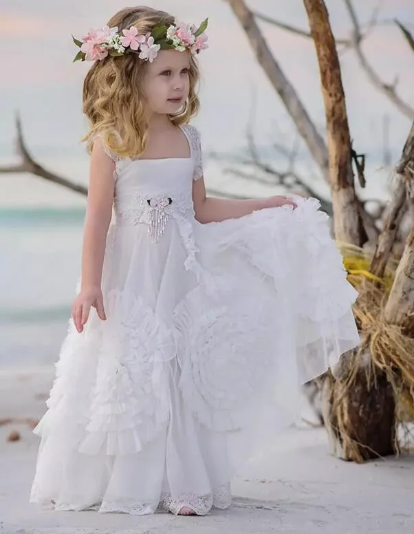 White Flower Girl Dresses Ruffled Princess A-Line Kids Wedding Gowns First Communion Dress Child 1-14T