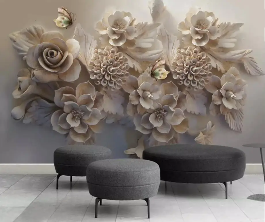 

Beautiful three-dimensional relief 3D flower butterfly TV background wall modern wallpaper for living room