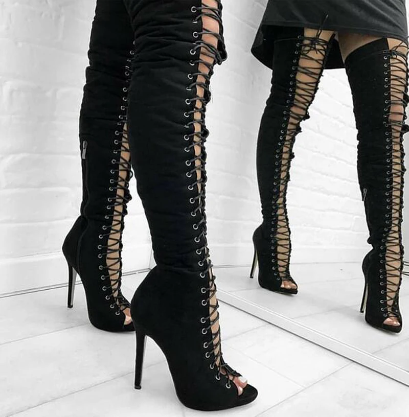 Women New Fashion Open Toe Black Suede Leather Lace-up Knee High Gladiator Boots Cut-out High Heel Long Boots Thin Heel Boots