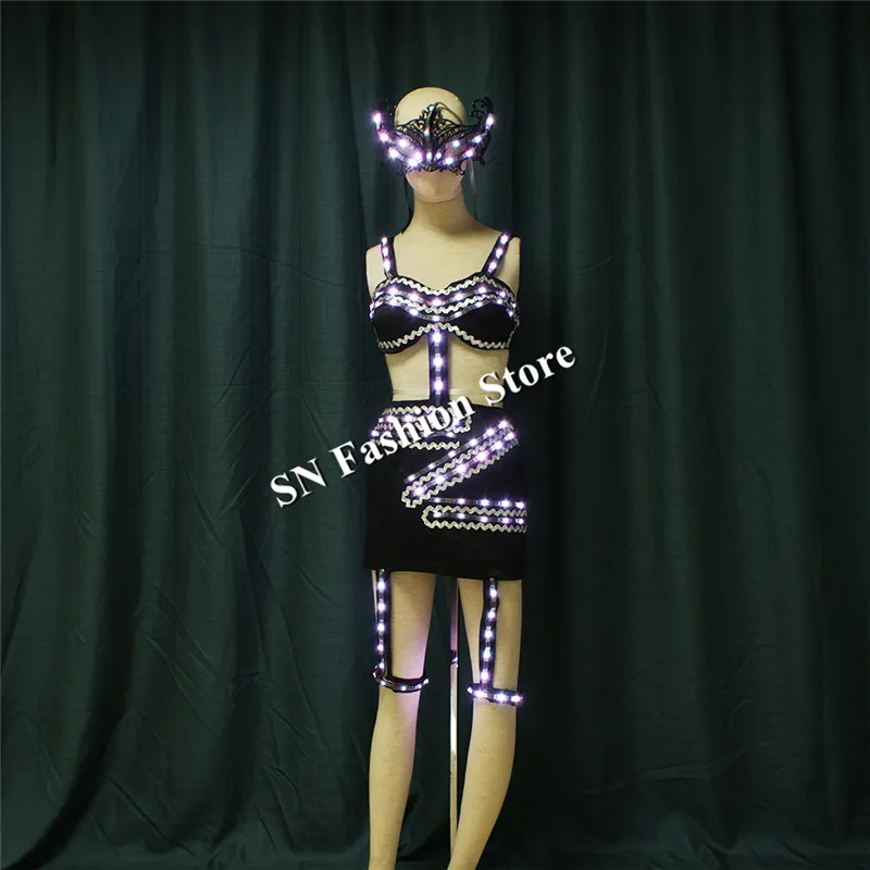 TC-188 Programmable full color women sexy dance led costumes luminous light bra skirt with mask dj wears stage dresses clothes