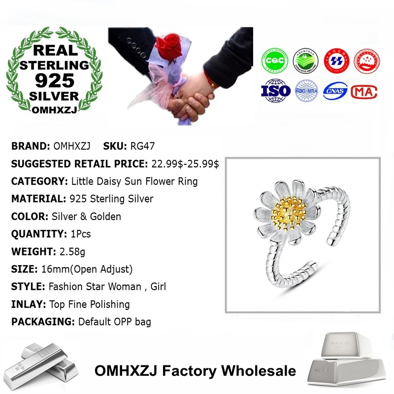 OMHXZJ Wholesale Fashion Sweet Little Daisy Sunflower Gift 925 Sterling Silver Golden Female For Woman Girl Resizable Ring RG47