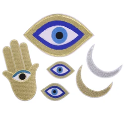 Ramadan Golden Hand of Fatima Iron on Patches for Clothing The Hamasa Hand Embroidery Appliques Eyes Silvery Moon Clothes Badges