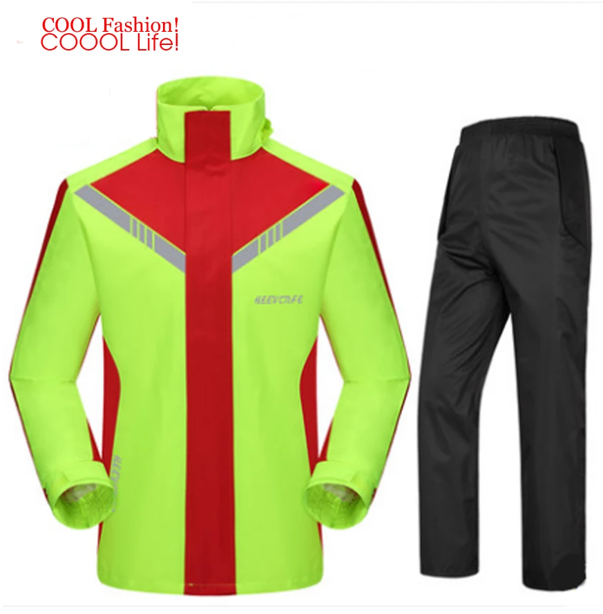 Fashion Men Women Golf Raincoat for Motorcyclist Reflective Stripe Waterproof Rain Coat+Pants for Fishing Safe-driving Unisex