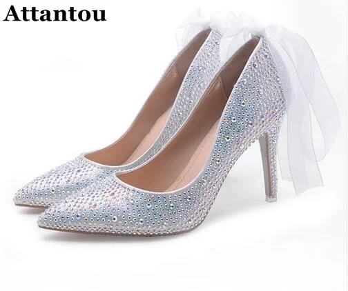 

Exquisite Ribbons Rhinestone Women High Heels Pumps beautiful Pointed Toe Stiletto Heels Wedding Banquet Shoes Red Silver