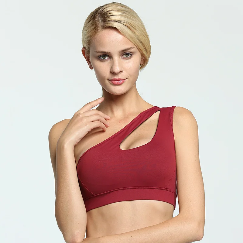 

New Design Sexy Women Single Shoulder Sports Bra Fitness Yoga Bra Running Padded Tank Top Athletic Vest Shockproof Female Bh