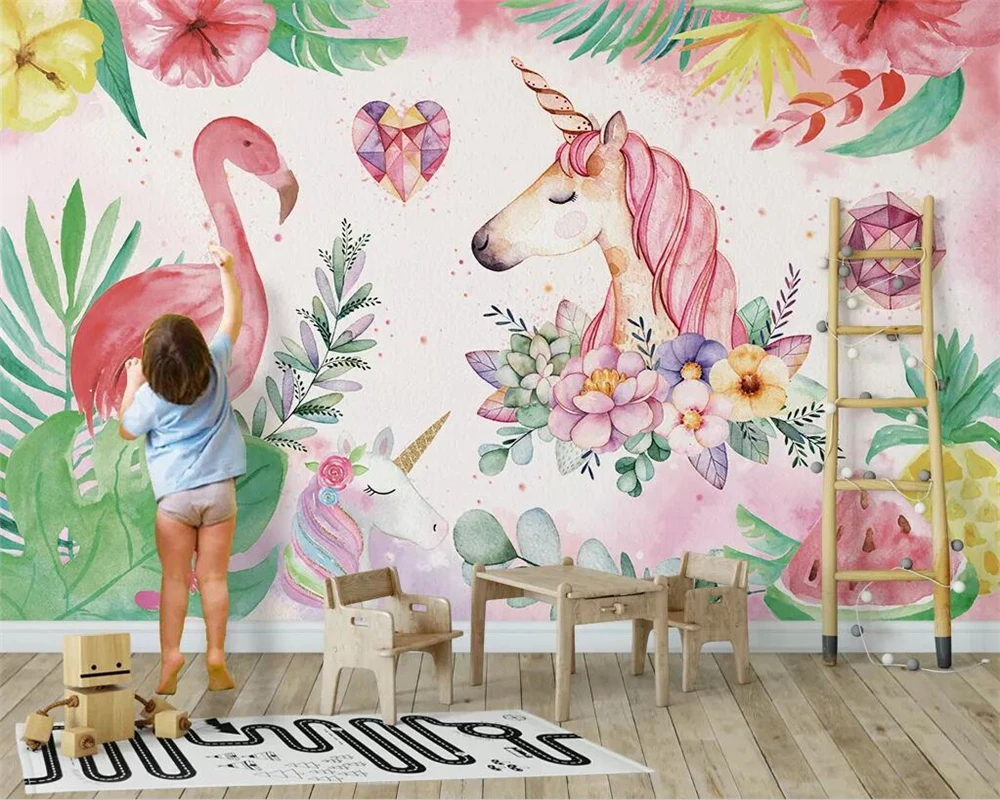 

Custom self-adhesive mural Nordic flamingo unicorn children's room decoration background living room bedroom 3d wallpaper