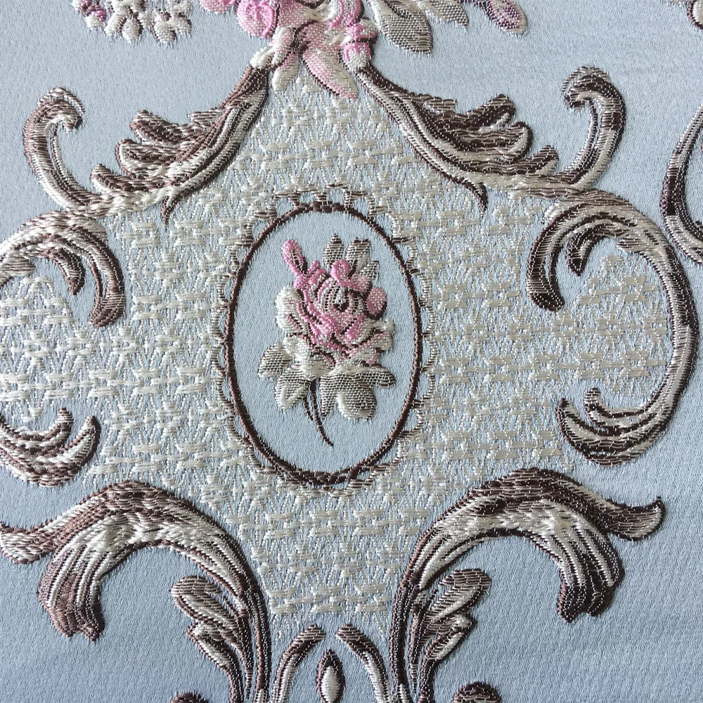 Luxurious Jacquard Woven Light Blue Khaki Damask Emboss Flower Garments Sofa Curtain Upholstery Fabric 280cm Wide sell by meter