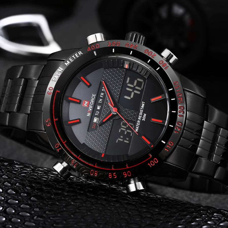 Imagem -02 - Naviforce-marca de Luxo Masculina Quartz Relógios Aço Analógico Digital Led Dual Time Relógio Esportivo Relógio Masculino