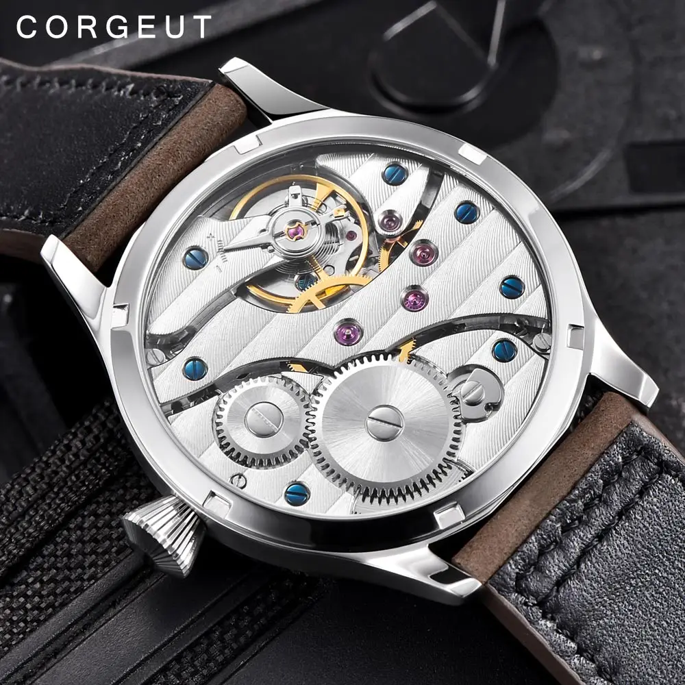 Corgeut Fashion Leather Top Luminous Mechanical Hand Winding Men Watch 17 Jewels ST3600 Seagull 6497 Movement Sport Wristwatch