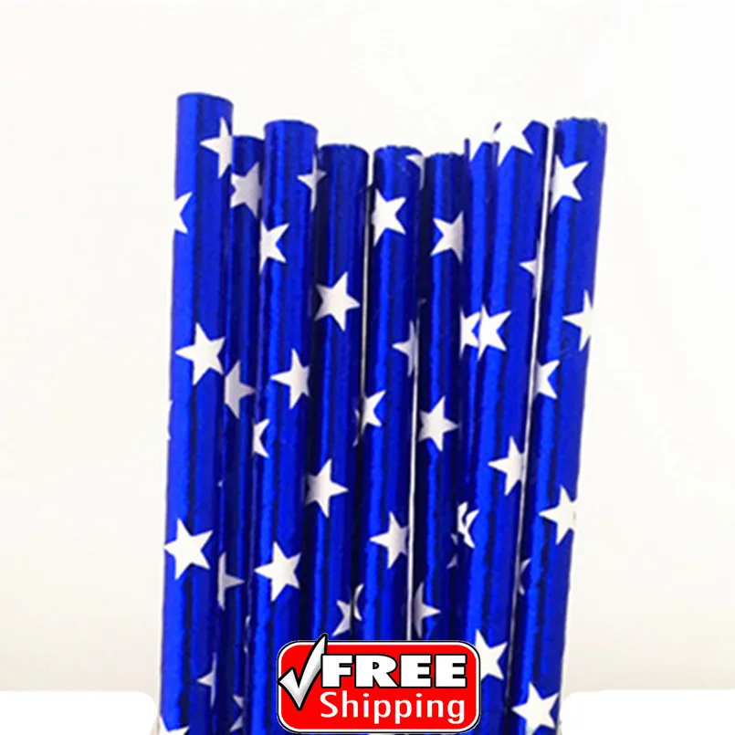 200 Pcs Metallic Blue Foil Star Paper Straws Bulk-Cute Shiny 4th of July Hanukkah Christmas New Years Patriotic Party Drinking