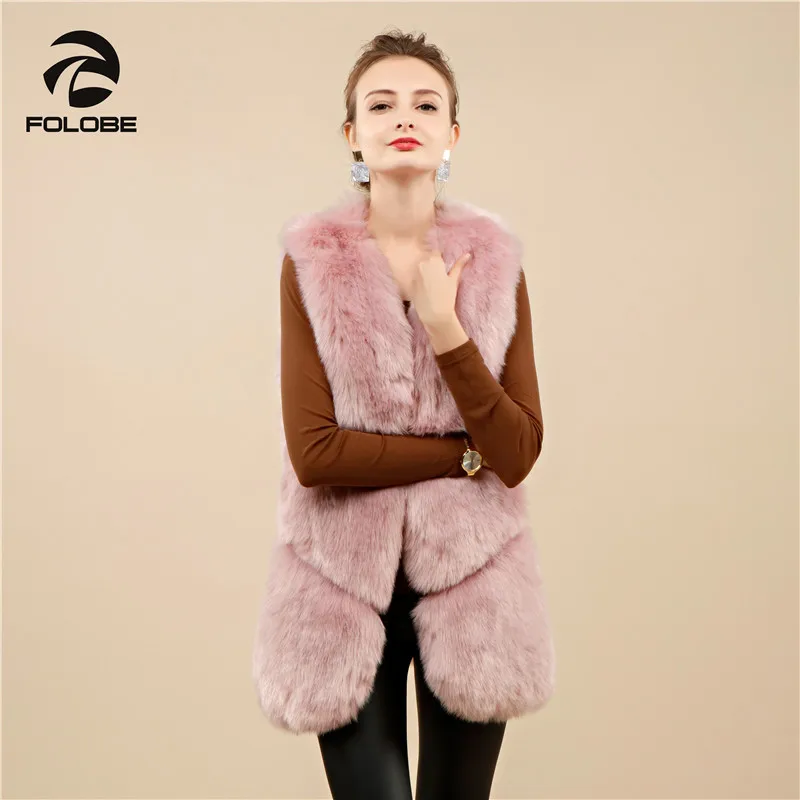 FOLOBE Faux Fox Fur Vest Winter Coat For Women Waistcoat Long Slim Fake Fur Coats Gilet Warm Skinny Pink Coats Women Jackets