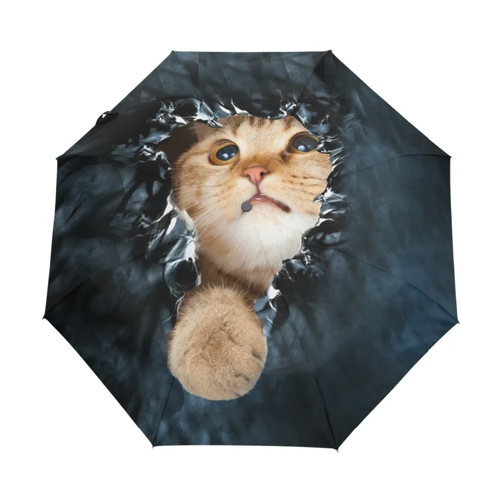 Genuine Brand Folding Umbrella Rain Women Black Quality Automatic Sun Umbrellas Anti UV Cute Cat Pattern Sunscreen Beach Parasol