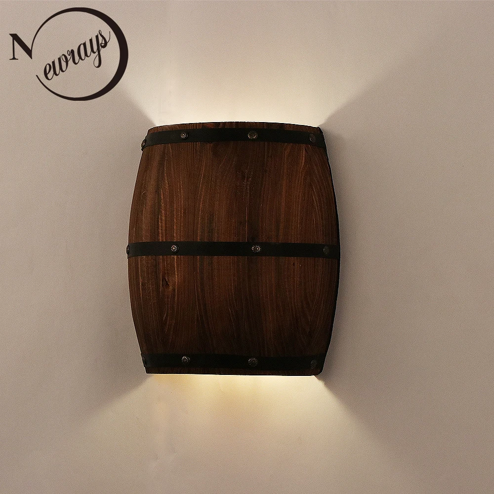 

Retro wood barrel wall light fixtures light up and down, E14 indoor wall light for bar stairs fireplace area steampunk theme