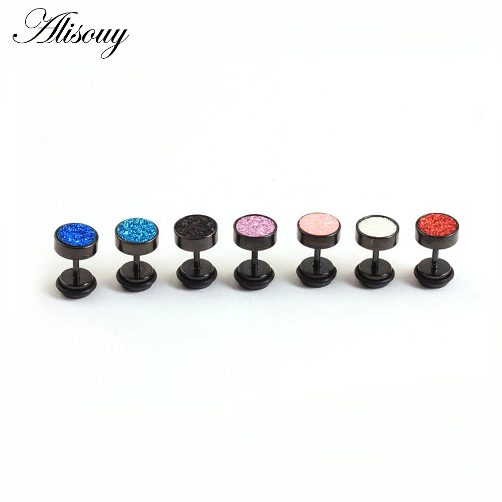 Alisouy 1Pair Black Gold Color Stainless Steel Barbell Round Stud Earrings Punk Women Men frosted Scrub Screw Ear Jewelry