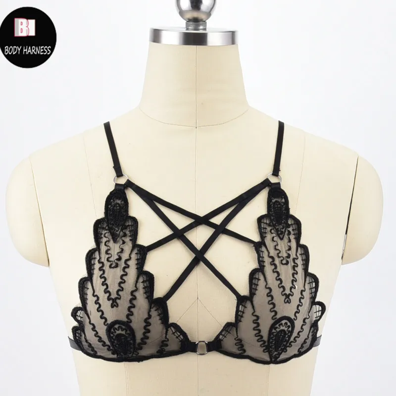 

Sexy Lace Cage Bra Fetish Top Bondage Bra Harness Black Lingerie Body Harness Fetish Rave Wear Adjustable Elastic Bra Harness