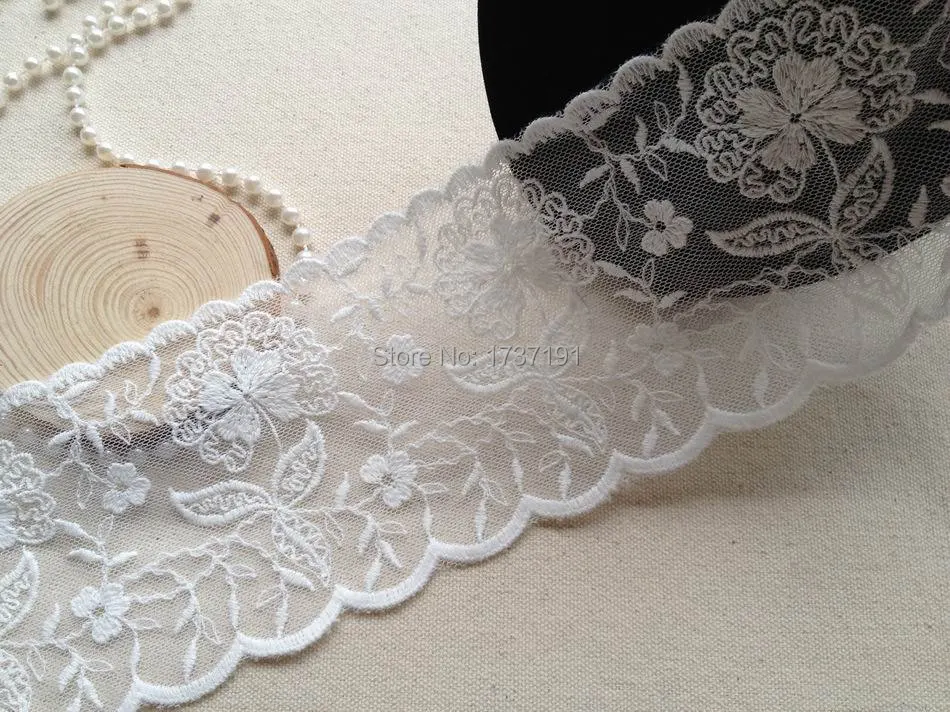 White Embroidered Tulle Lace Fabric, Wedding dress Lace, Cotton Floral Lace Trim 5 Yards