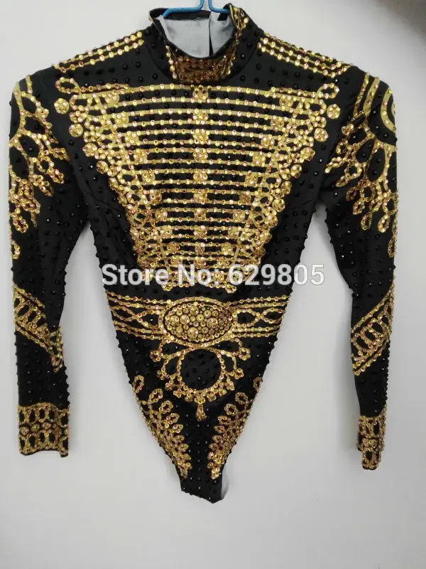 Black Gold Rhinestones Stertch Beyonce Bodysuit Women\'s Leotard Outfit Dance Bodysuit Nightclub Bar Costume Singer Shiny Wear