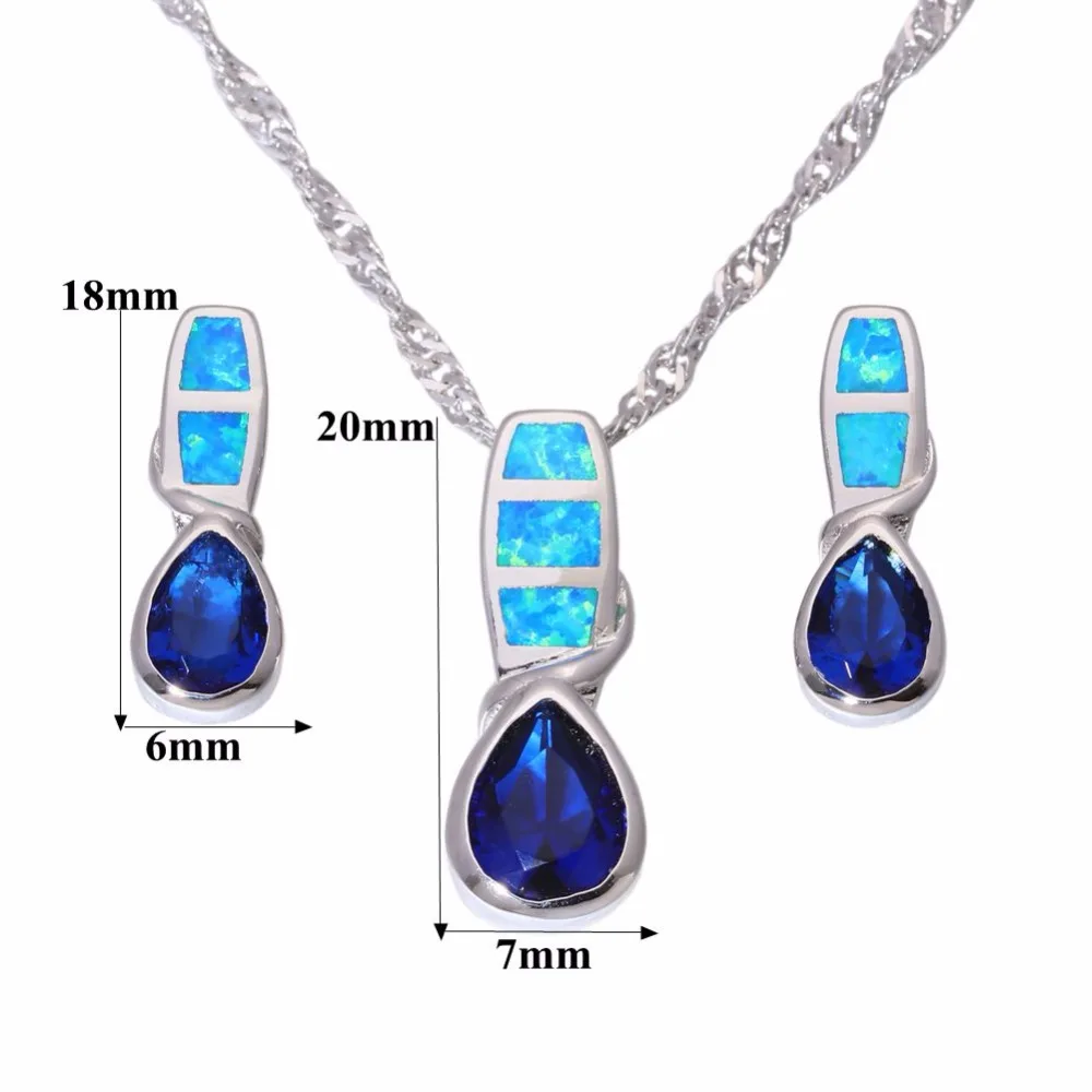 CiNily Created Blue Fire Opal Stud Earring with Blue Stone Silver Plated Pendant Necklace Wedding Designer Jewelry Set for Women