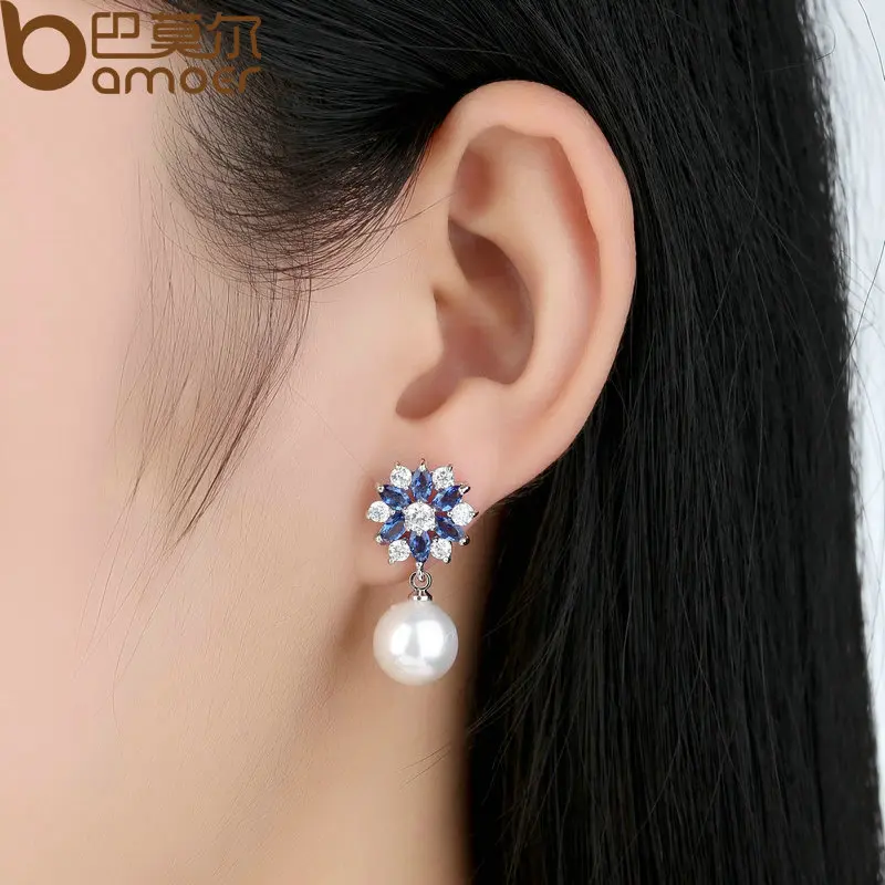 BAMOER Silver Color Blue Crystals Simulated Pearl Dangle Earrings Drop Earrings for Women Earrings Engagement Jewelry JIE069