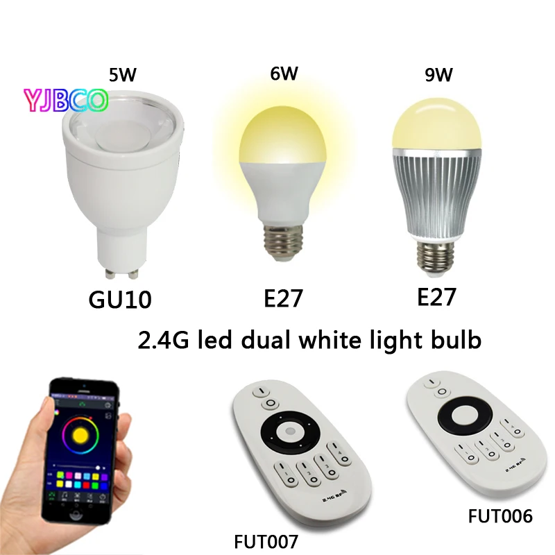 5w 6W 9W GU10 E27 Milight LED Dual white bulb base lamp CCT AC85-265V & FUT006 FUT007 2.4G 4Zone led Remote control dimmer