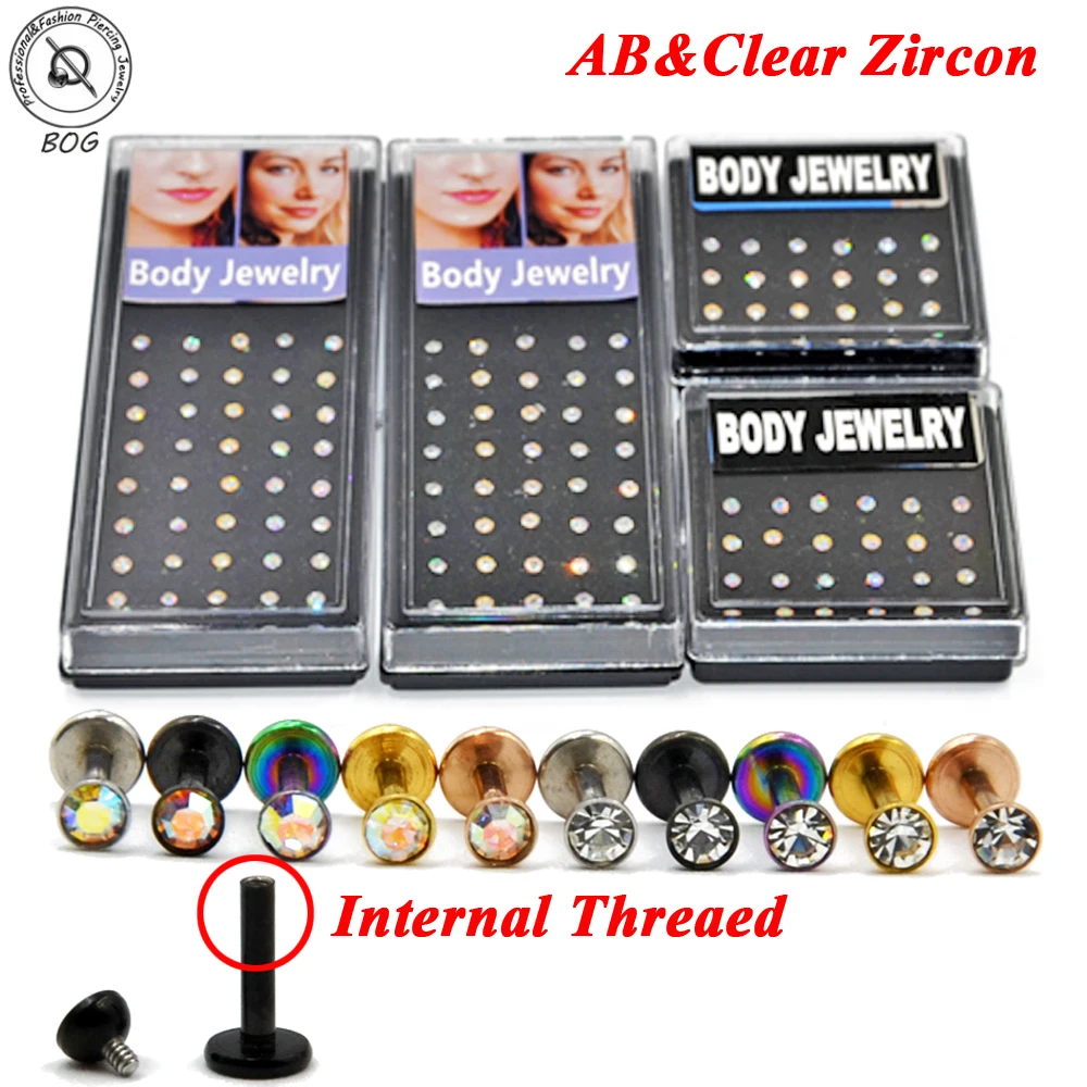 BOG Internally Thread 16g Surgical Steel CZ Gem Ear Cartilage Tragus Helix Piercing Labret Lip Studs Ring Piercing Body jewelry