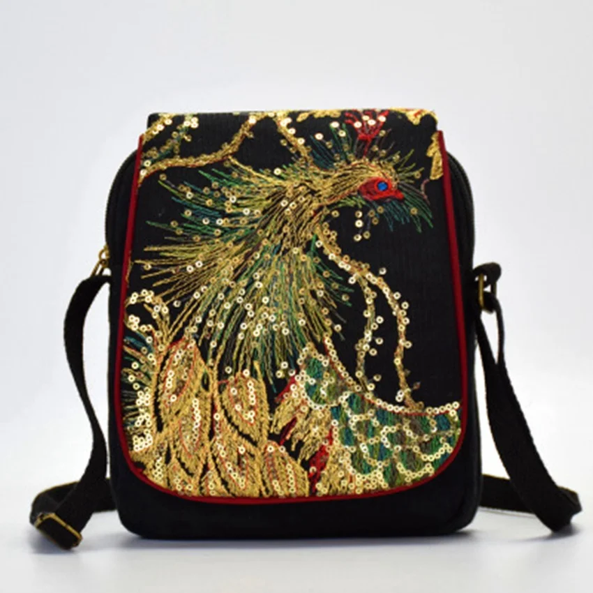 New National Wind Embroidered Bag Fashion Embroidered Canvas Shoulder Diagonal Bag Peacock Phoenix Sequin Embroidered Bag Vacati