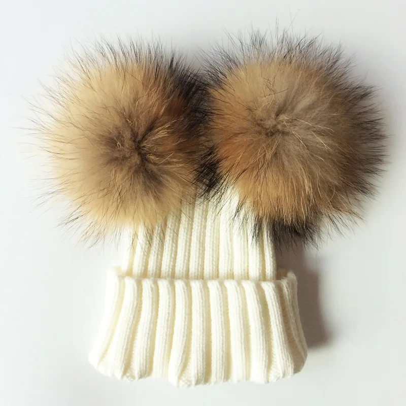 Winter Crochet Double Natural Raccoon Pompom Hat For Girls Real Fur Children Caps High Quality Fashion Kids Beanie Bonnet