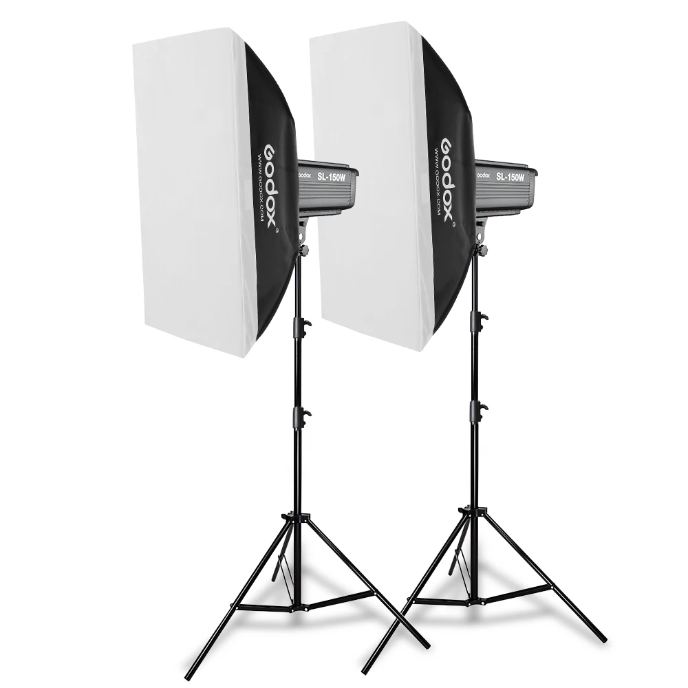 2PCS Godox SL-150W 150Ws 5600K Studio LED Continuous Photo Video Light + 2pcs 2.8m Light Stand + 2pcs 70x100cm Softbox