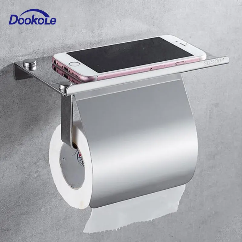 Toilet Paper Holder Wall Mounted, Anti-Rust Stainless Steel Toilet Roll Holder with Phone Shelf for Bathroom & Kitchen