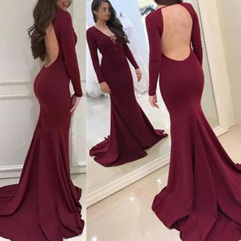 Vestidos de Fiesta de sirena con escote en V, manga larga, sexys, elegantes, con Espalda descubierta, 2021