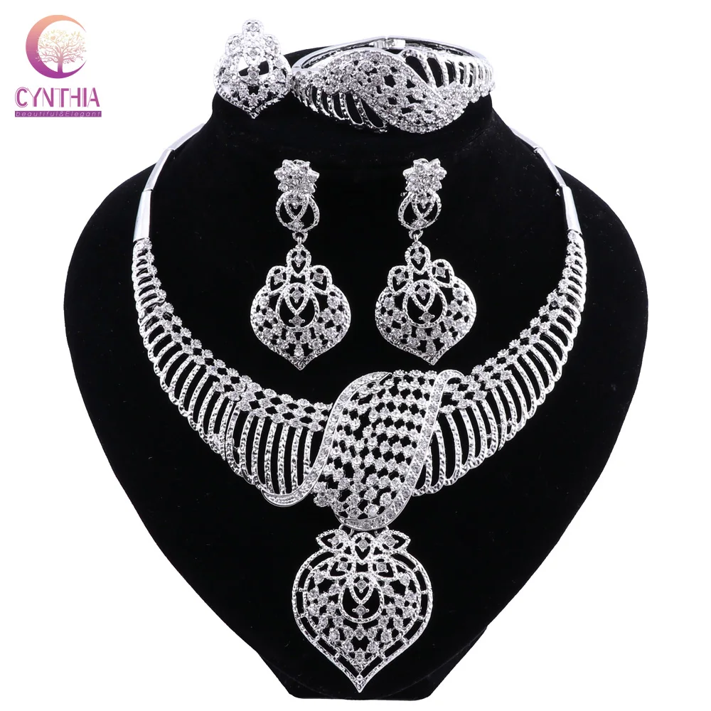 CYNTHIA New Fashion African Jewelry Set Dubai Silver Plated Bridal Necklace Earrings Set Crystal Indian Wedding Jewelry