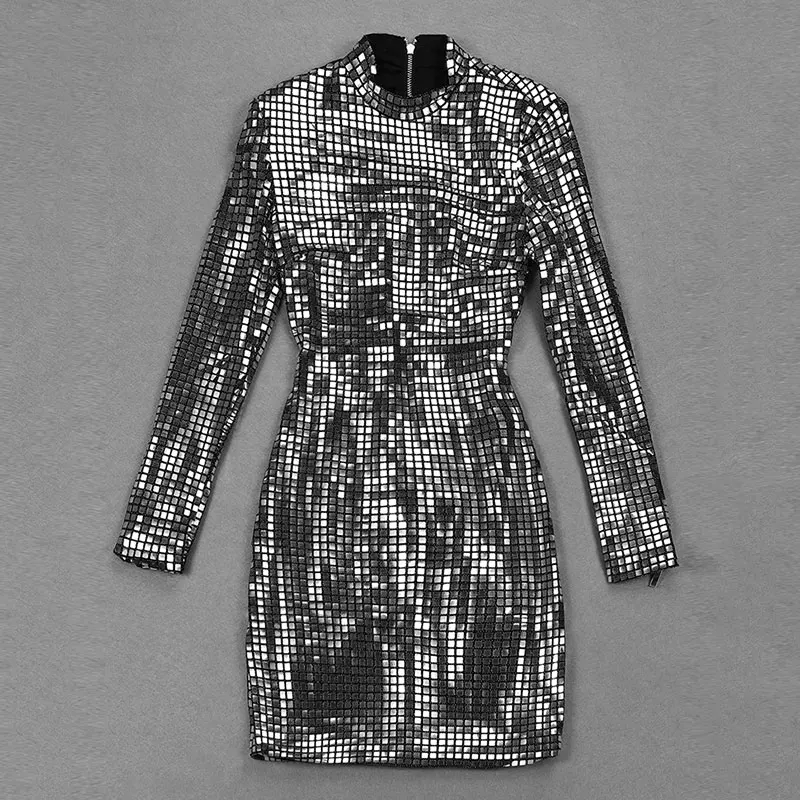 GACVGA – robe à carreaux brillants et paillettes pour femme, col rond, manches longues, Sexy, moulante, Mini, robes de soirée, boîte de nuit, automne-hiver, 2024