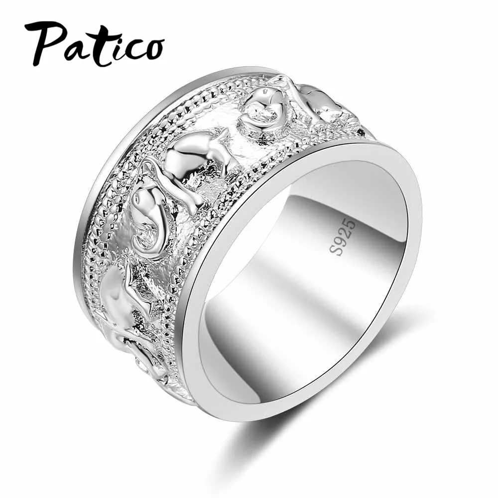 Fashion Animal Elephant Round Finger Rings Wide 925 Sterling Silver Needle Wedding Band Rings For Women Men Lover Party Gifts