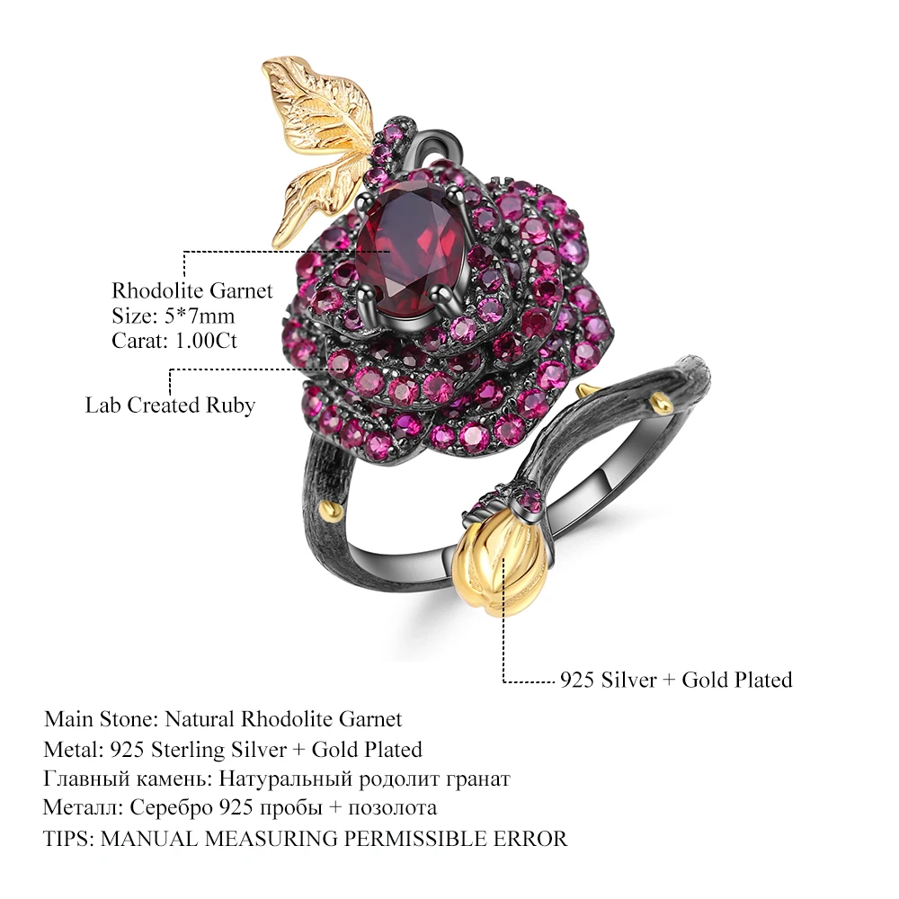 GEM\'S BALLET 1.00Ct Natural Rhodolite Garnet Rose Flower Ring 925 Sterling Silver Handmade Adjustable Open Ring for Women Bijoux