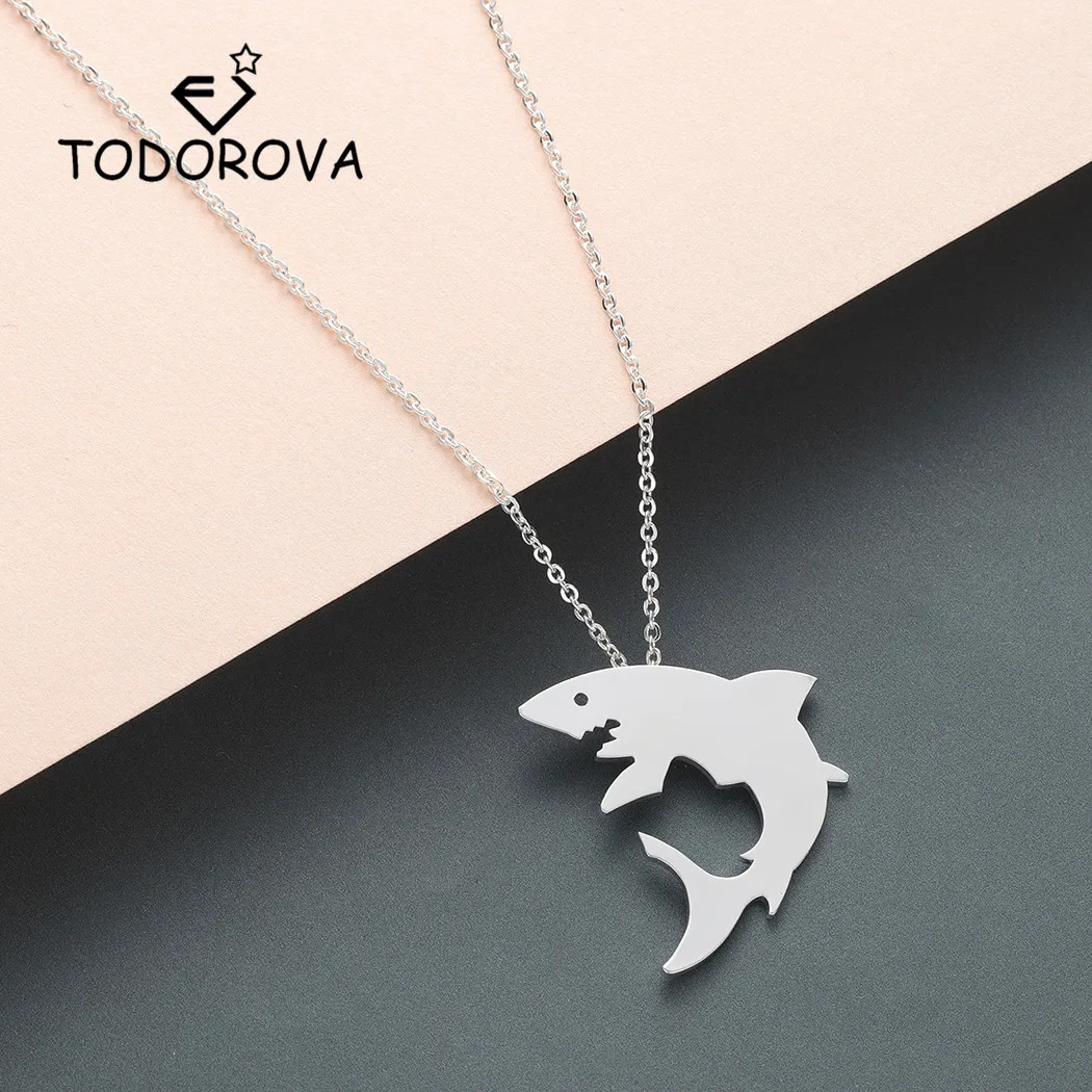 Todorova Stainless Steel Cute Great White Shark Silhouette Pendant Necklace Women Ocean Animal Necklace Men Jewelry