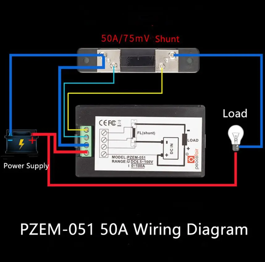 PEACEFAIR medidor de potencia Digital CC 6,5-100V 50A 4 en1 LCD voltaje corriente Watt Kwh medidor de energía PZEM-051 con derivación de 50A