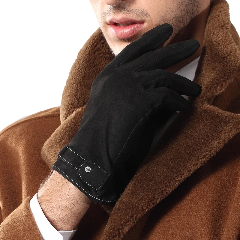 Genuine Leather Gloves Male Black Men Suede Sheepskin Gloves Autumn Winter Warm Plush Lined Driving Glove 9002