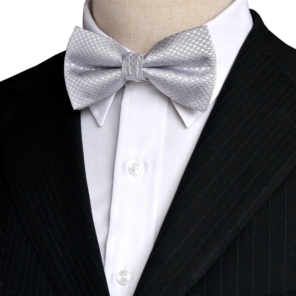 Solid Checked White Gray Grey Silver Pre-tied Tuxedo Bow Tie Mens Marriage Bow ties Adjustable 100% Silk Brand New Casual Party