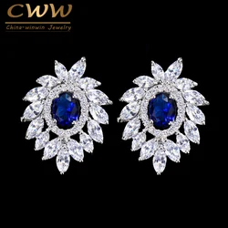 CWWZircons Brand Jewelry White Gold Color Gorgeous Cubic Zirconia Large Fashion Stud Earrings with Bule Crystal CZ172