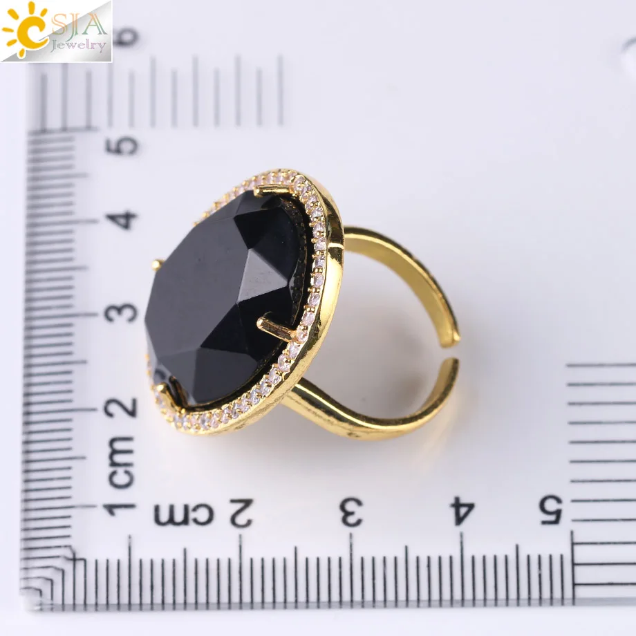 CSJA Natural Gem Stone Faceted Opening Adjustable Ring Gold Color Plated Crystal CZ Zircon Rhinestone Rings for Women Men F458