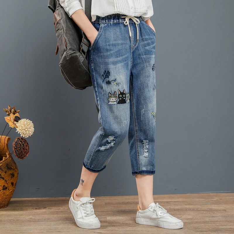 Vrouwen Korea Loose Grote Maat Denim Bijgesneden Broek Vrouwelijke Cartoon Borduurwerk Harembroek Vrouwelijke Nieuwe Hoge Taille Zomer Broek