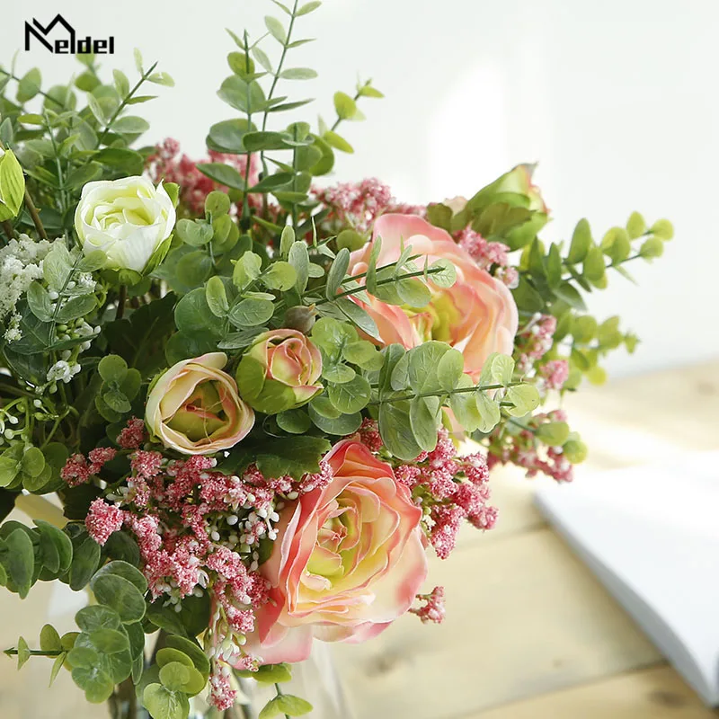 Meldel – Bouquet de mariage main demoiselle d'honneur, fleur artificielle en soie, feuille d'eucalyptus blanche, souffle de bébé, décor de fête pour la maison