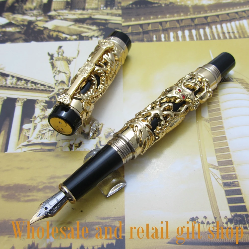 2pcs pen Jinhao Dragon Phoenix Heavy Gold Chinese Classical Luck Clip and pen bag