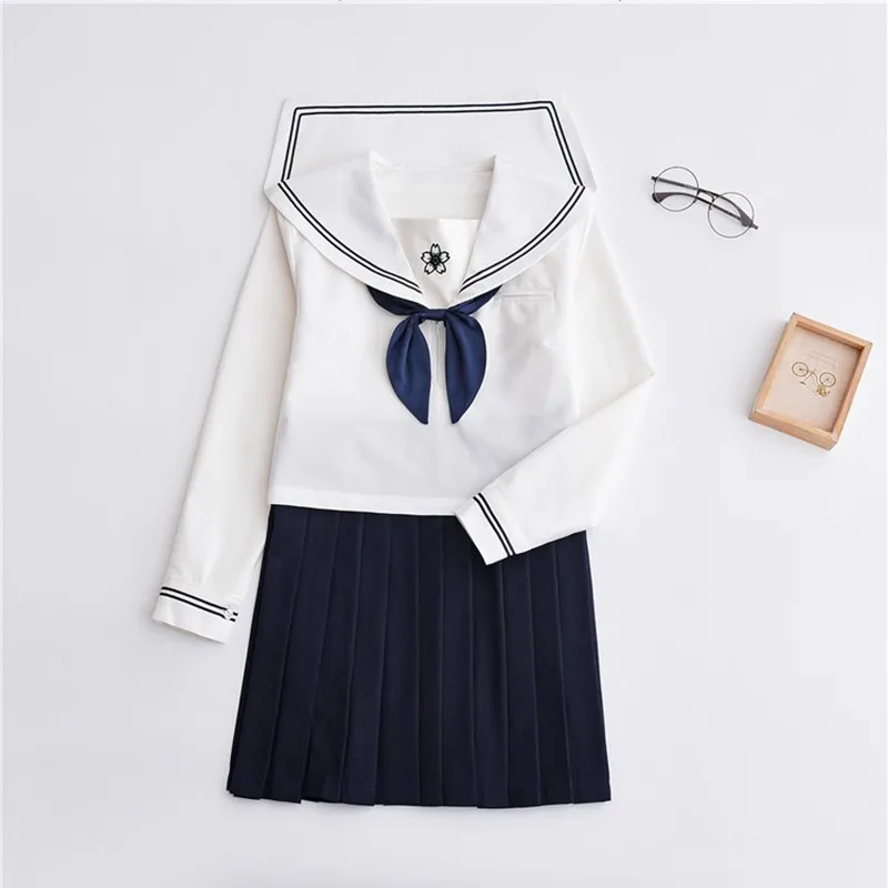 Japanese School Uniform Navy Casual JK Uniform Sets Sailor Suit Collar Sakura Logo Preppy Style Female Students Clothes S-XXL